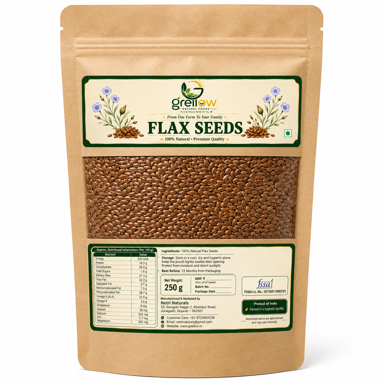 Grellow Premium Flax Seeds (Alsi) | 100% Natural Whole Flax Seeds | Rich in Omega-3, Fiber & Protein - 250g thumbnail 2