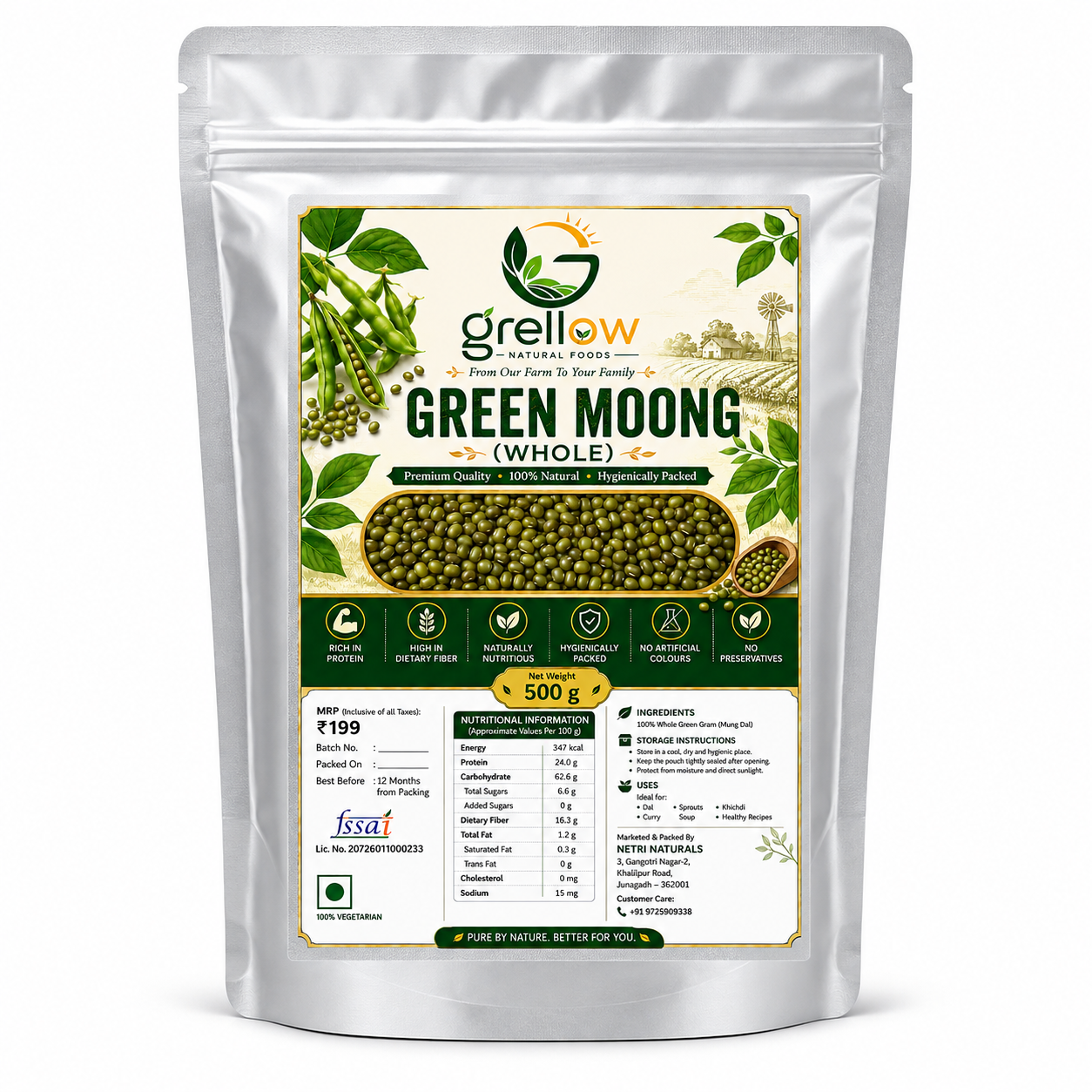 Grellow Premium Whole Green Moong (Sabut Moong) | 100% Natural Green Gram | Protein & Fiber Rich Pulses - 500g thumbnail 2