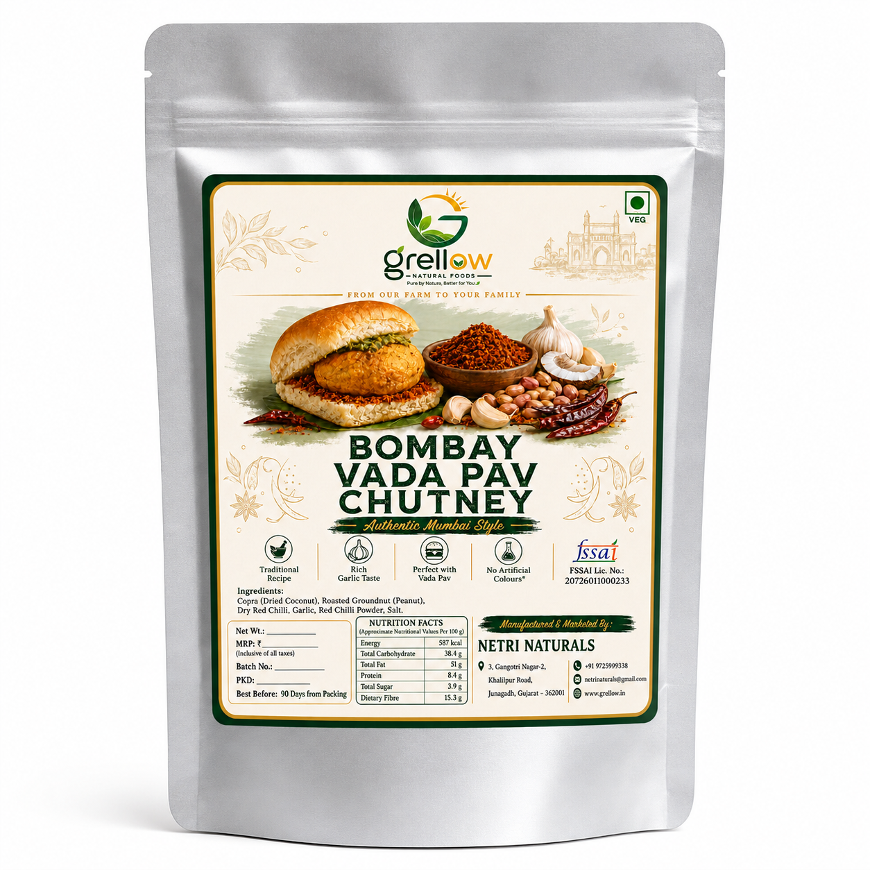 Grellow Bombay Vada Pav Chutney Powder | Authentic Mumbai Style Dry Garlic Chutney thumbnail 2